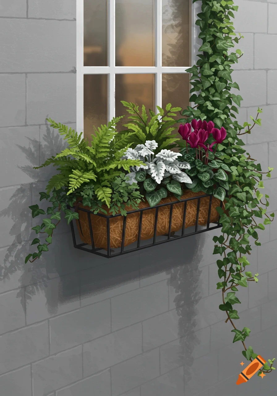 An illustration of a window box filled with ferns, red cyclamen, and silvery plants, with ivy climbing the gray brick wall.
