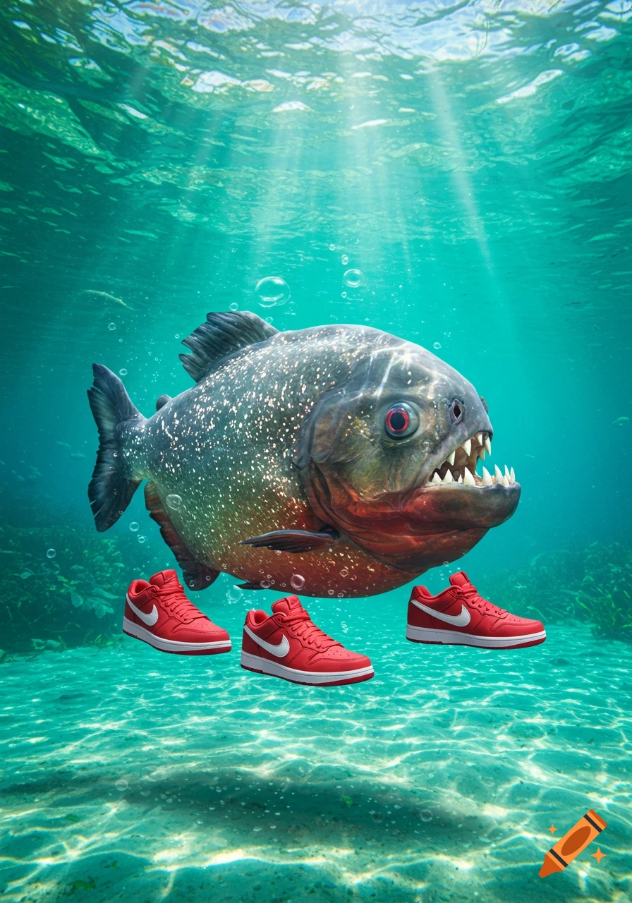 A giant piranha swims underwater with three red and white Nike sneakers floating beneath it in sunlight.