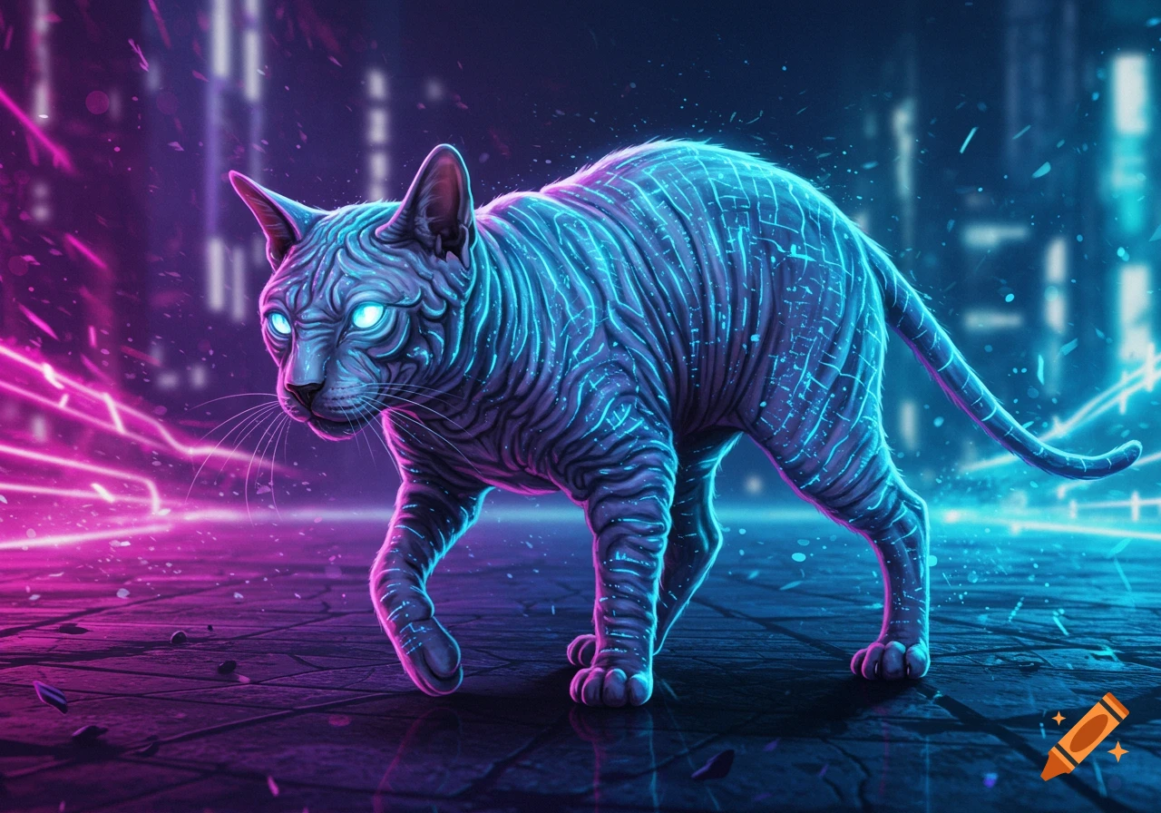 A glowing blue cyberpunk Sphynx cat with bright blue eyes walks on a reflective surface against a neon pink and blue city background.
