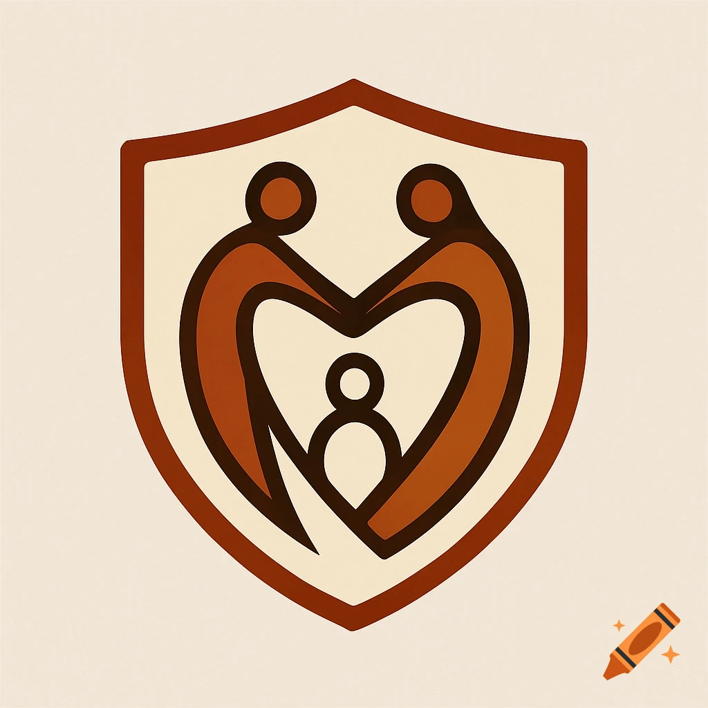 A modern, clean logo features a shield containing a stylized family of three (two adults, one child) in warm, earthy colors.