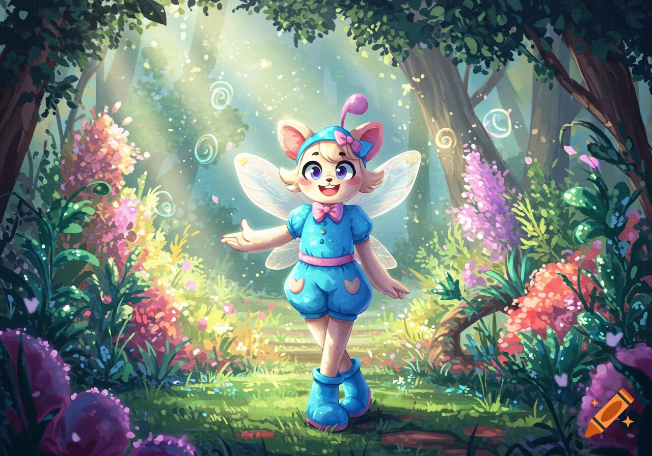 A cute, smiling cartoon fairy with butterfly wings and a blue outfit stands in a vibrant, sunlit fantasy forest filled with colorful flowers.