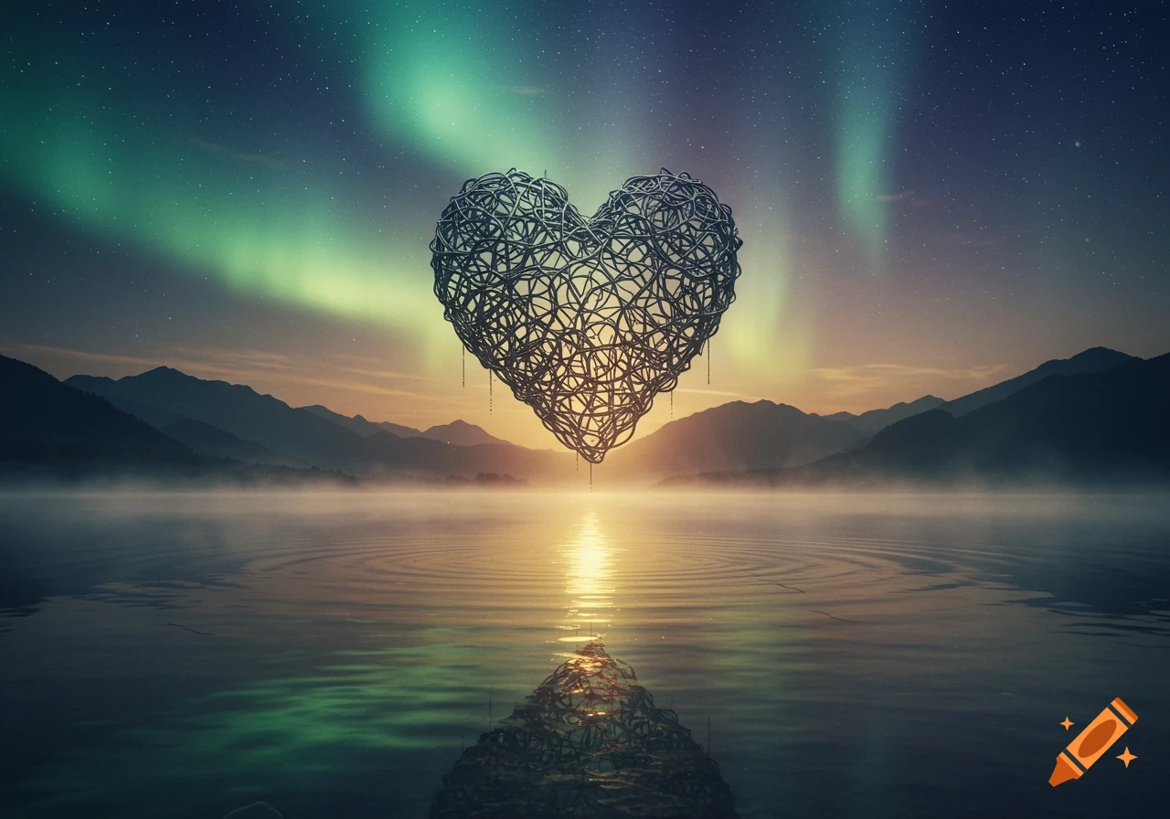 A heart made of tangled wires floats above a misty lake, with mountains and aurora borealis in the night sky.