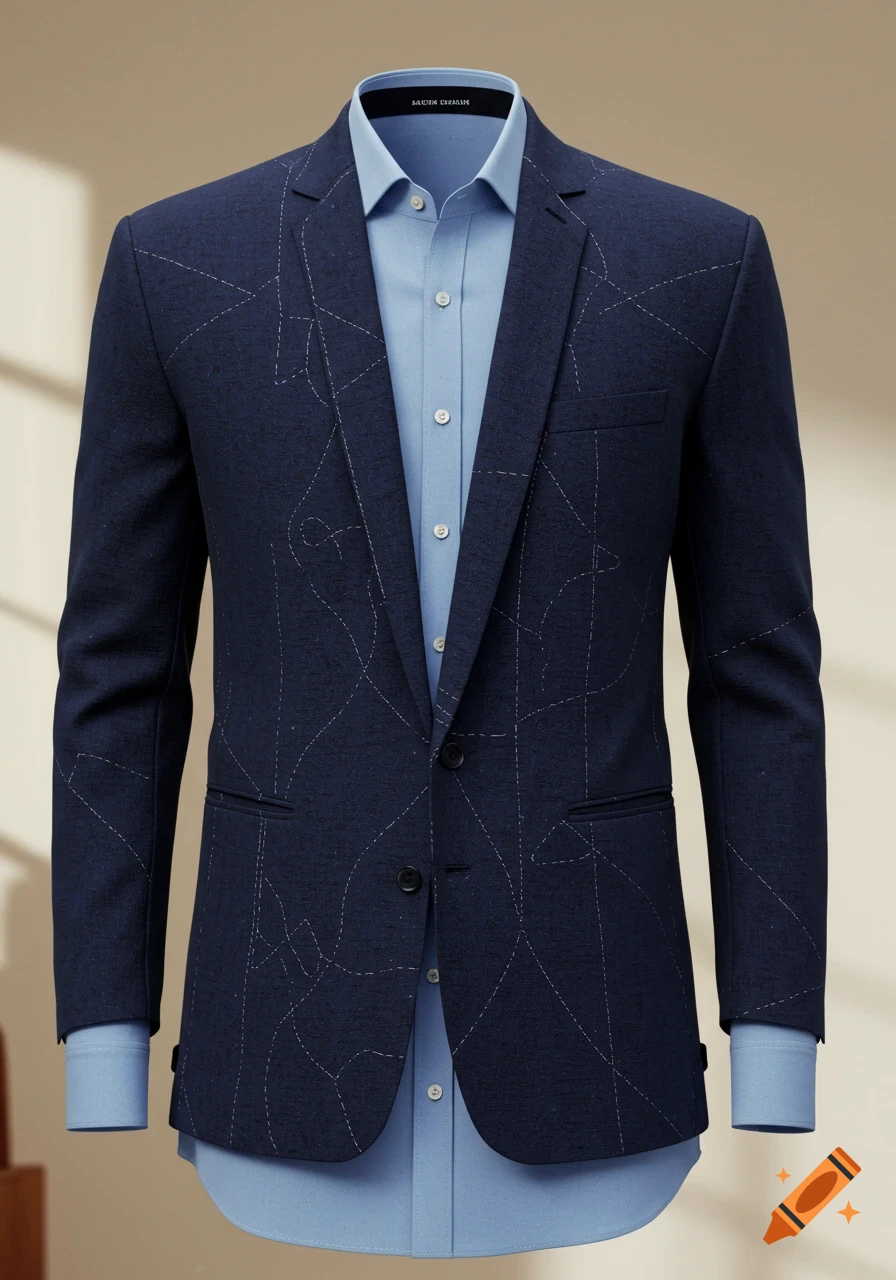A navy blue jacket with subtle white stitching details and a light blue collared shirt underneath, displayed on a mannequin.