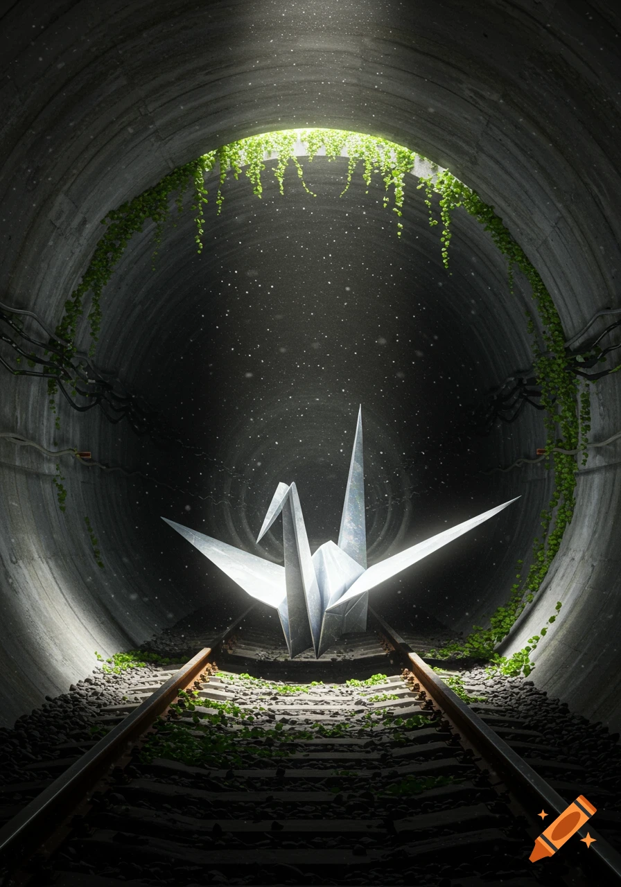 A shimmering origami crane stands on train tracks in a dark concrete tunnel, illuminated by light filtering through overgrown vines.