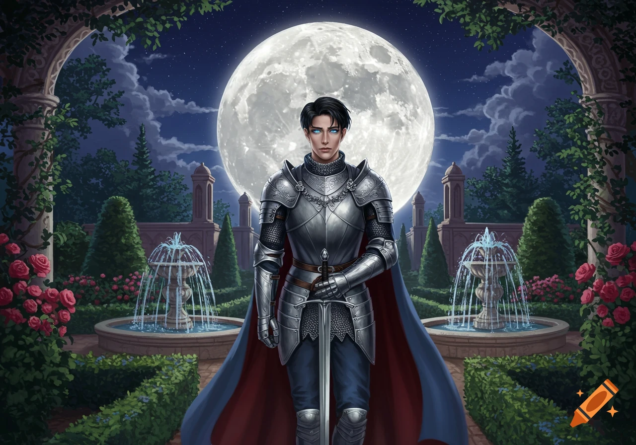 A young knight in ornate silver armor and a red and blue cape stands in a moonlit fantasy garden with fountains and roses.