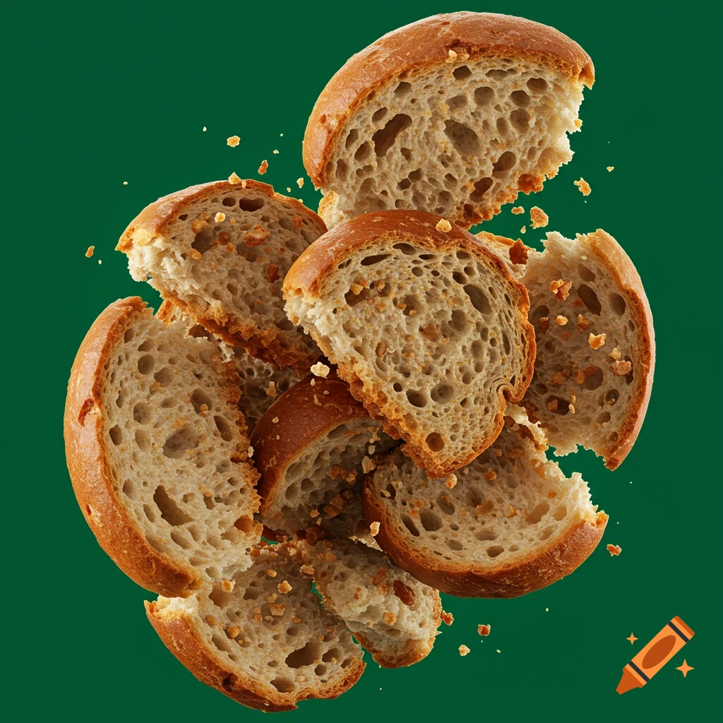 Photorealistic slices of bread and crumbs floating against a solid green background.