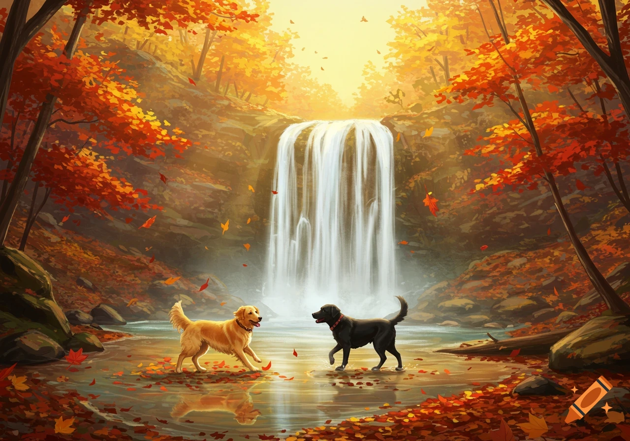A golden retriever and black lab play in a stream with autumn leaves by a waterfall in a vibrant, painted forest.