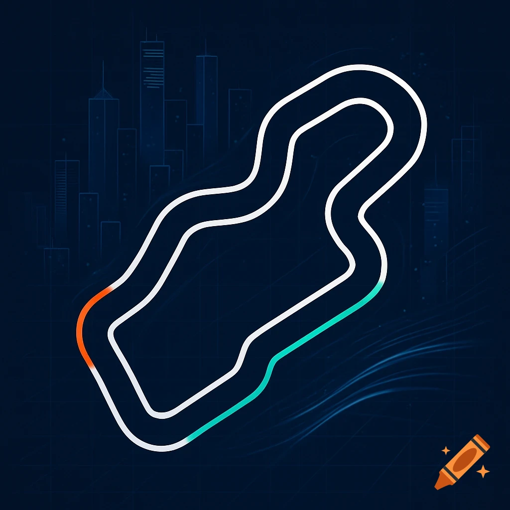 Minimalist illustration of a race track minimap on a dark blue background with a subtle city skyline outline and grid.