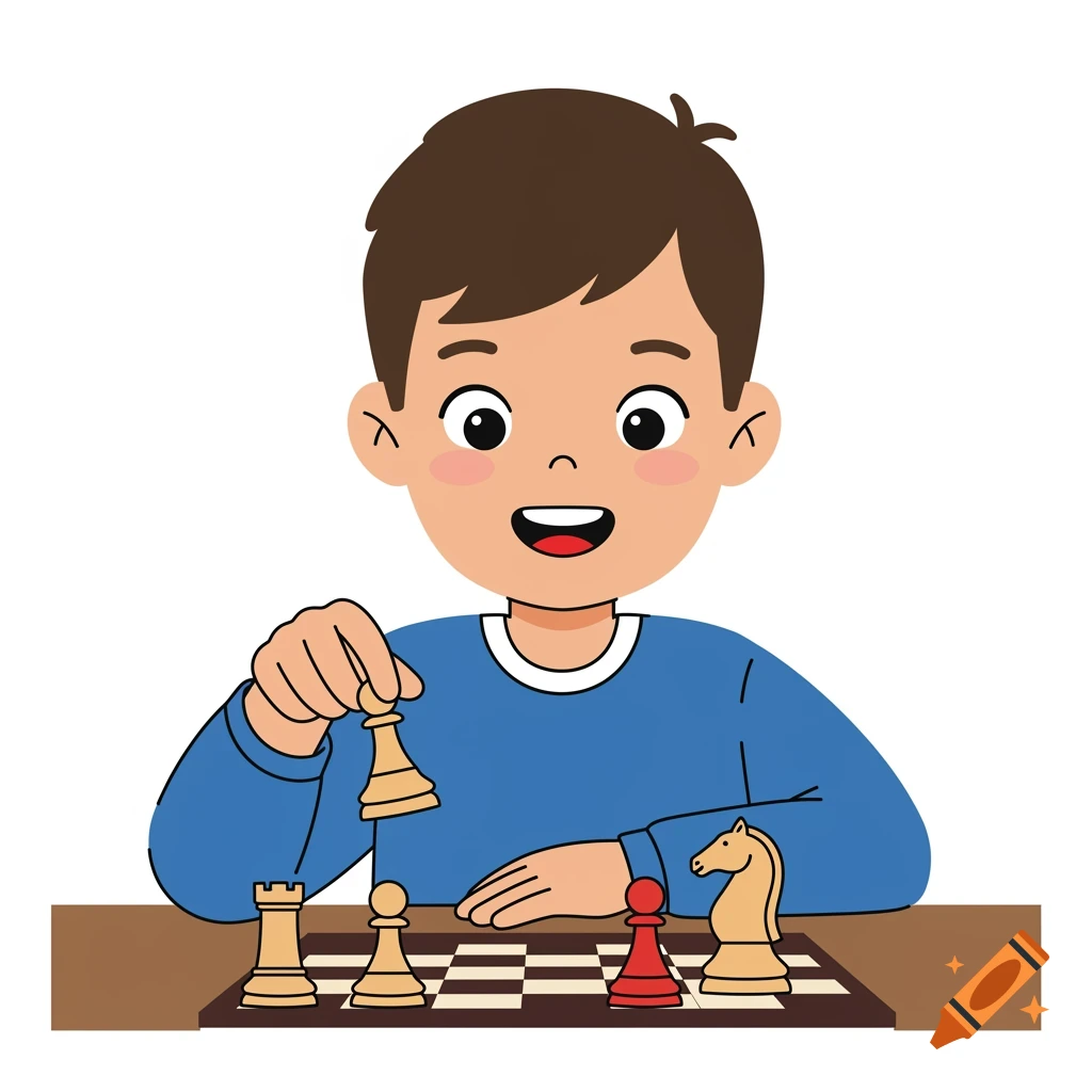 Vector flat illustration of a happy boy with brown hair in a blue shirt playing chess, moving a bishop piece on a white background.
