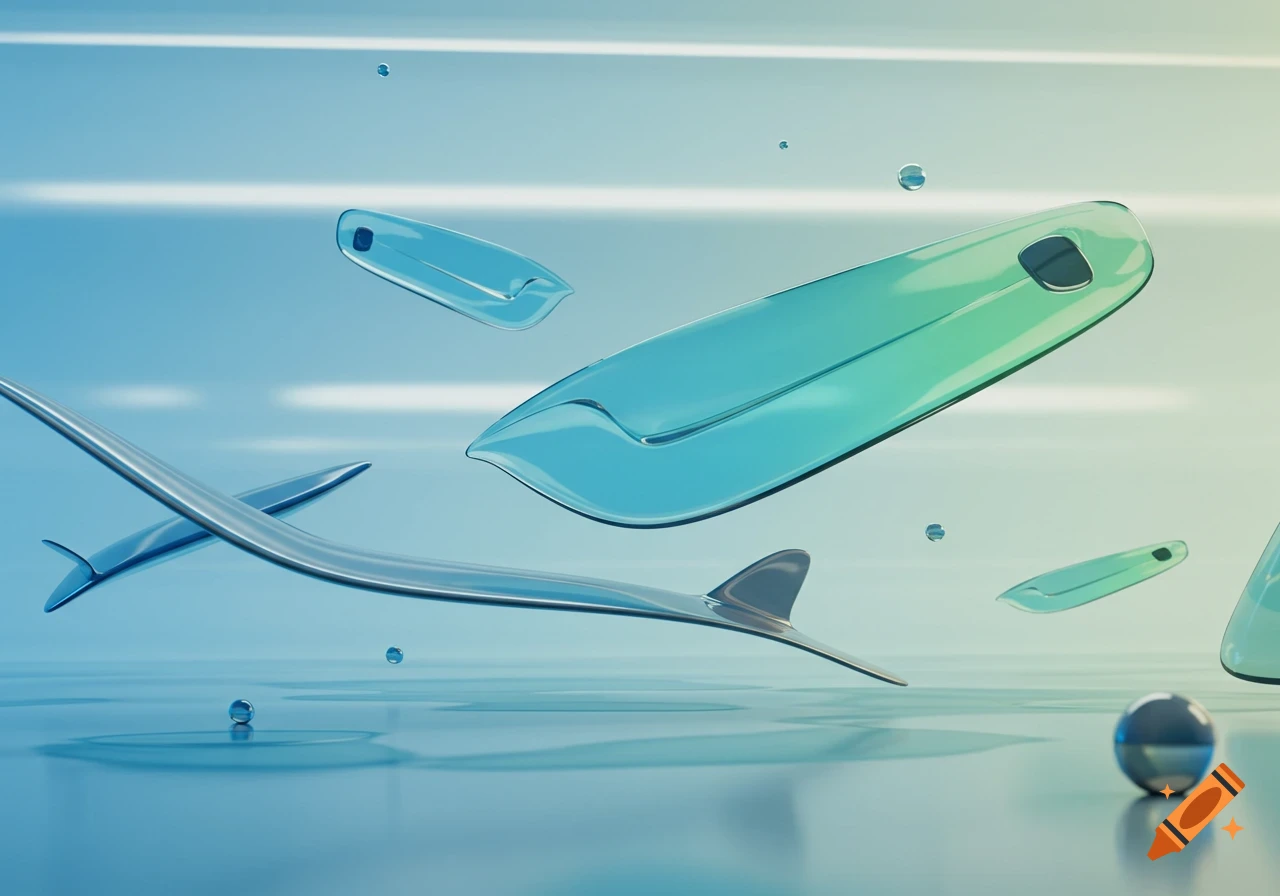 Translucent aqua-blue abstract shapes resembling stylized surfboards float over a reflective blue-green surface with droplets.