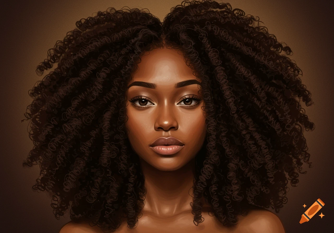 Digital painting of a young Black woman with kinky curly dark brown hair, dark brown eyes, and full lips, looking directly forward.