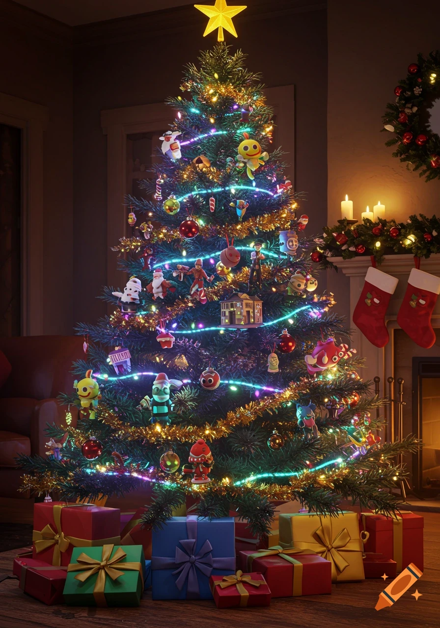 A brightly lit Christmas tree decorated with colorful Fortnite-themed ornaments, surrounded by presents in a festive room with a fireplace.