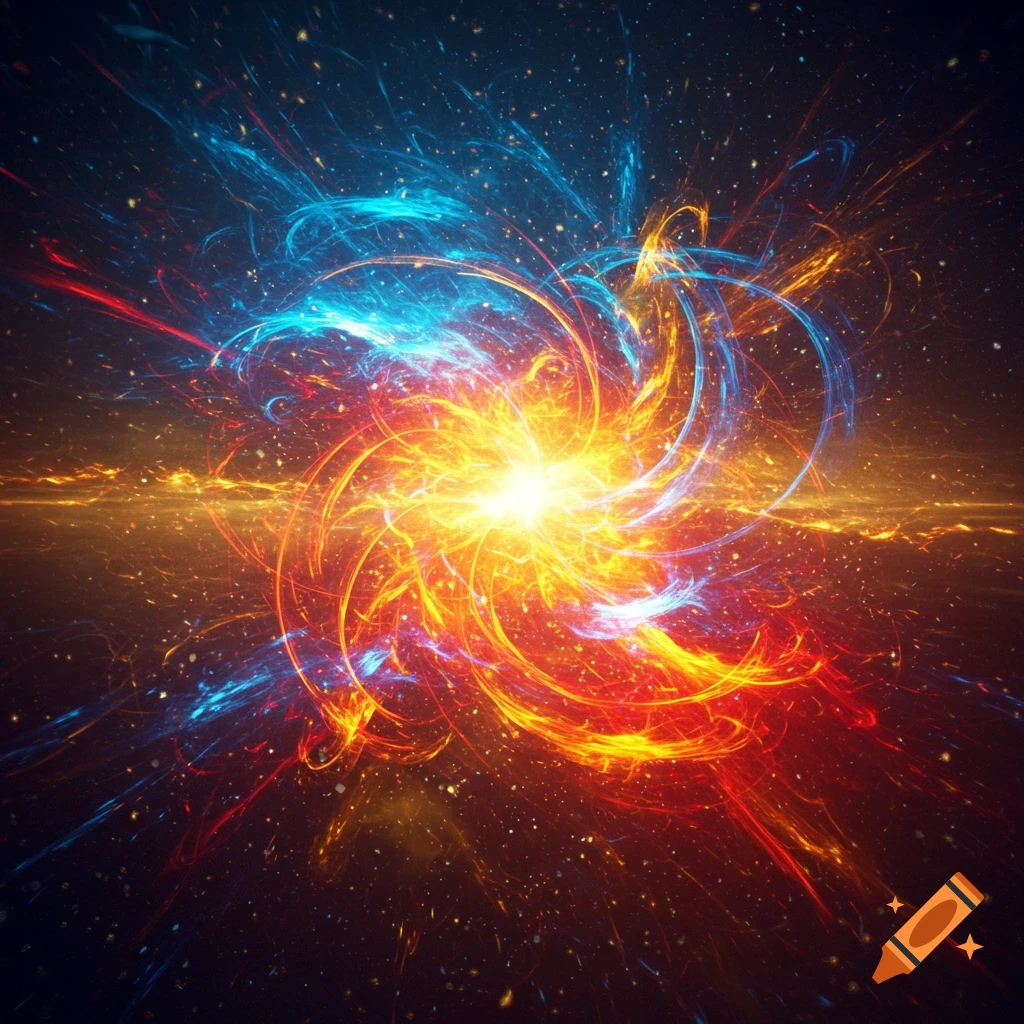 Vibrant abstract cosmic explosion with swirling yellow, orange, red, and blue light against a dark, starry background.