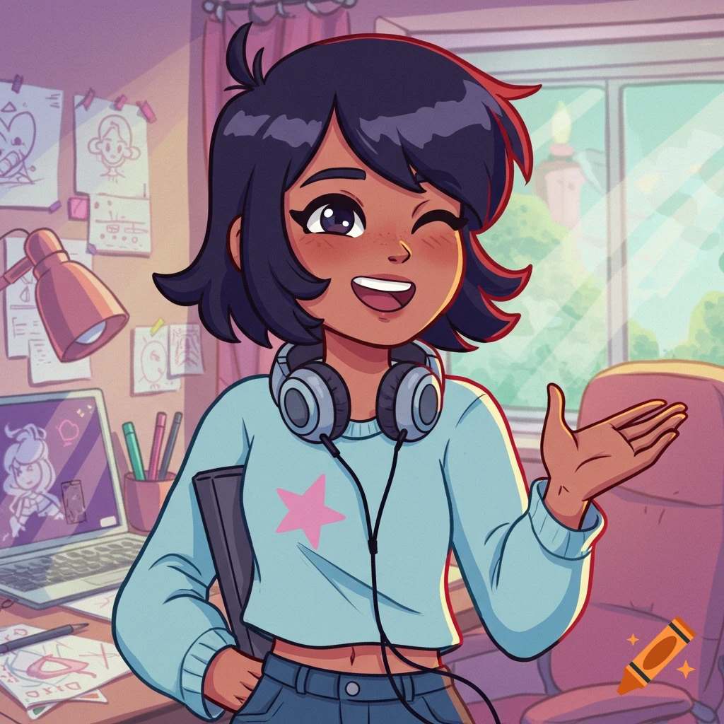 A cartoon girl with short dark hair, wearing headphones and a blue cropped sweater with a pink star, winks and smiles in an art studio.