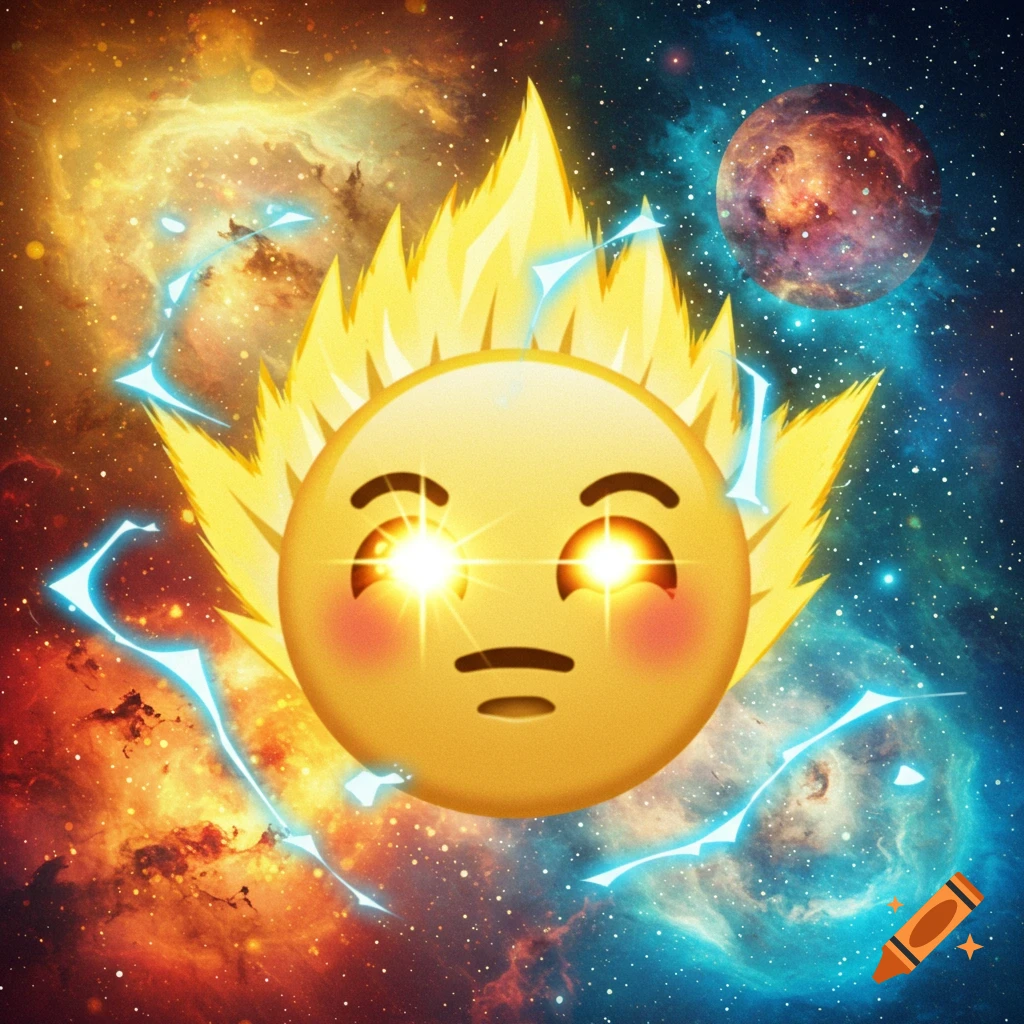 An emoji with spiky yellow hair, glowing eyes, and an electric aura, set against a vibrant cosmic background.