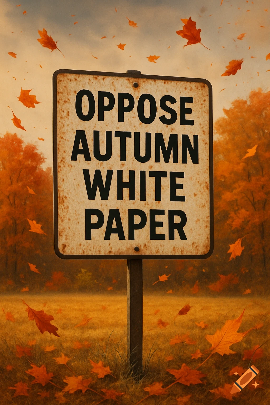 A rusty warning sign in a vibrant autumn landscape reads "OPPOSE AUTUMN WHITE PAPER" with falling orange leaves.