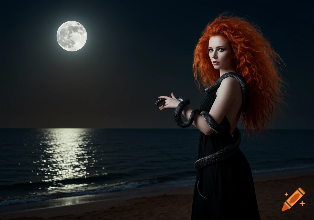 A red-haired woman with a black serpent wrapped around her arm stands on a beach under a full moon, by the sea at night.