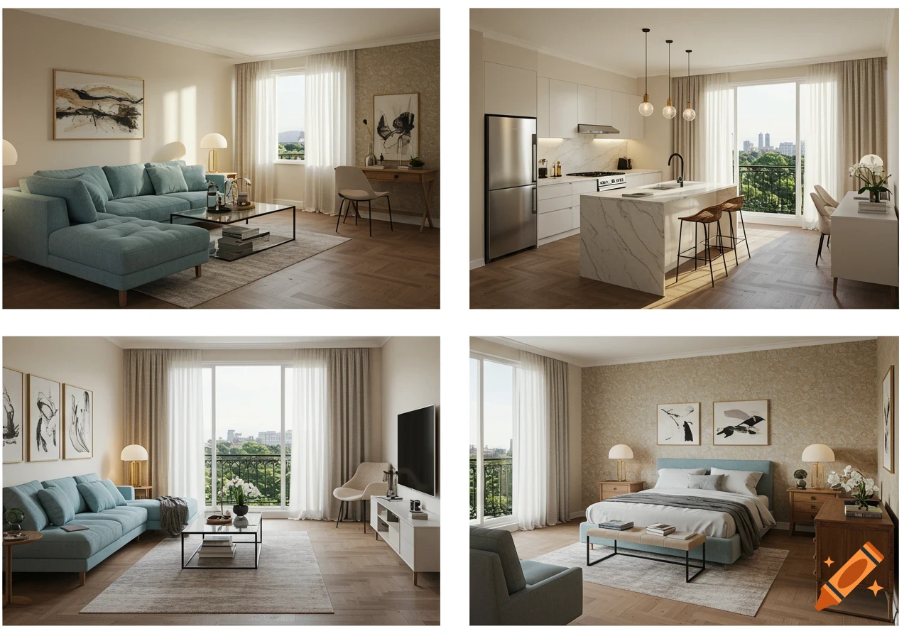 Four photorealistic views of a modern apartment's living room, kitchen, and bedroom, featuring contemporary furniture and decor.