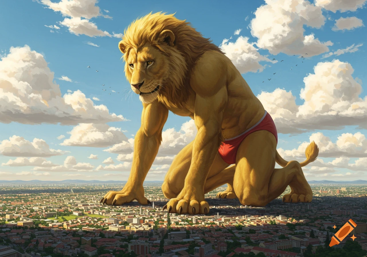 Gigantic photorealistic anthropomorphic lion wearing a speedo, kneeling over and dwarfing a sprawling city under a cloudy sky.