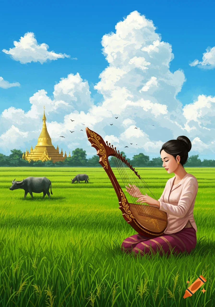 A Burmese woman plays a traditional harp in a green rice field with water buffaloes and a golden pagoda under a blue sky, illustrative style.