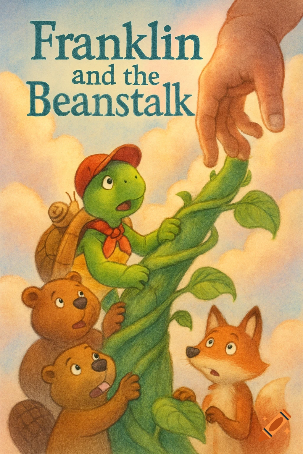 Children's storybook illustration of Franklin the Turtle and friends climbing a beanstalk, surprised by a giant hand. Title 'Franklin and the Beanstalk'.