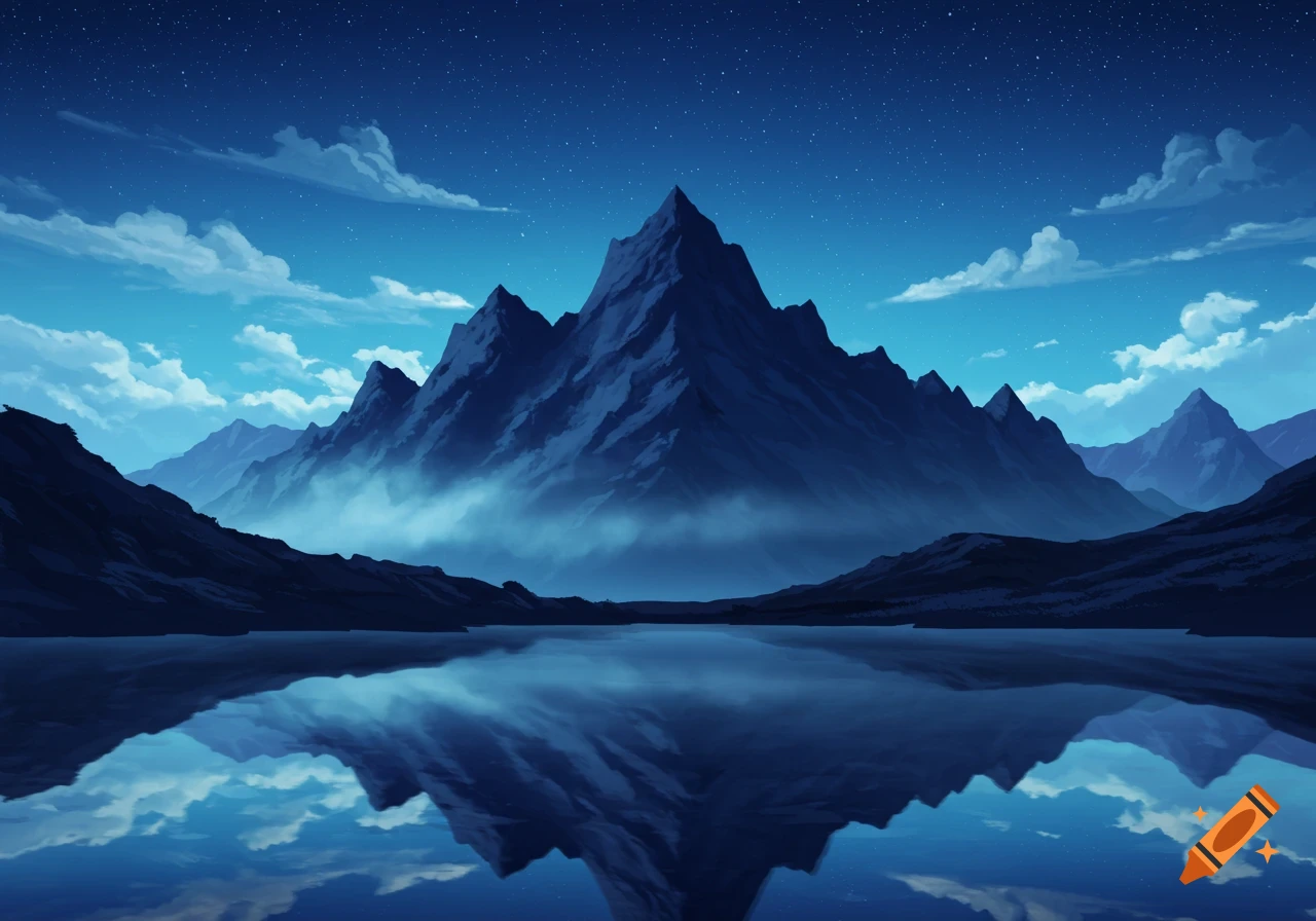 A night painting of a mountain range with misty valleys reflecting in a still lake under a starry sky.