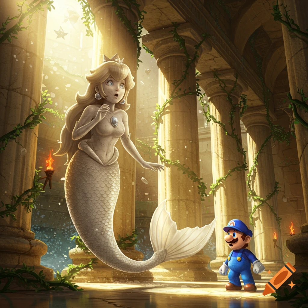 Mario discovers a surprised Princess Peach mermaid statue in a sunlit ancient temple overgrown with vines.
