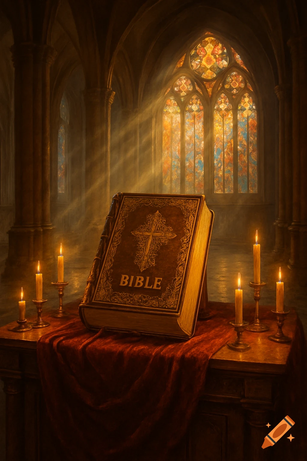 An ornate Bible on a red cloth with lit candles in a gothic church, sunlight streaming through stained-glass windows.