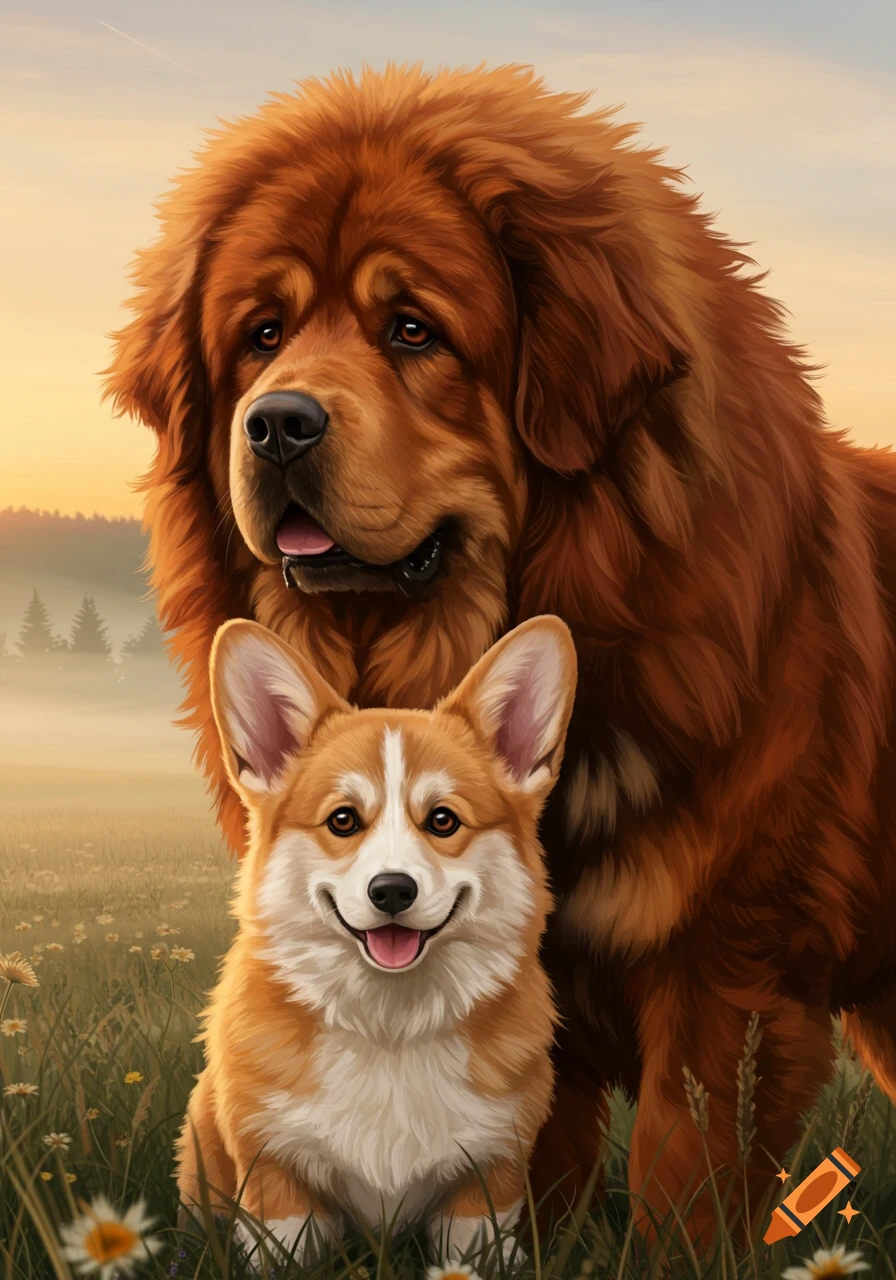 A large fluffy brown dog stands behind a small smiling Corgi, both in a field of daisies at sunrise in a digital painting.