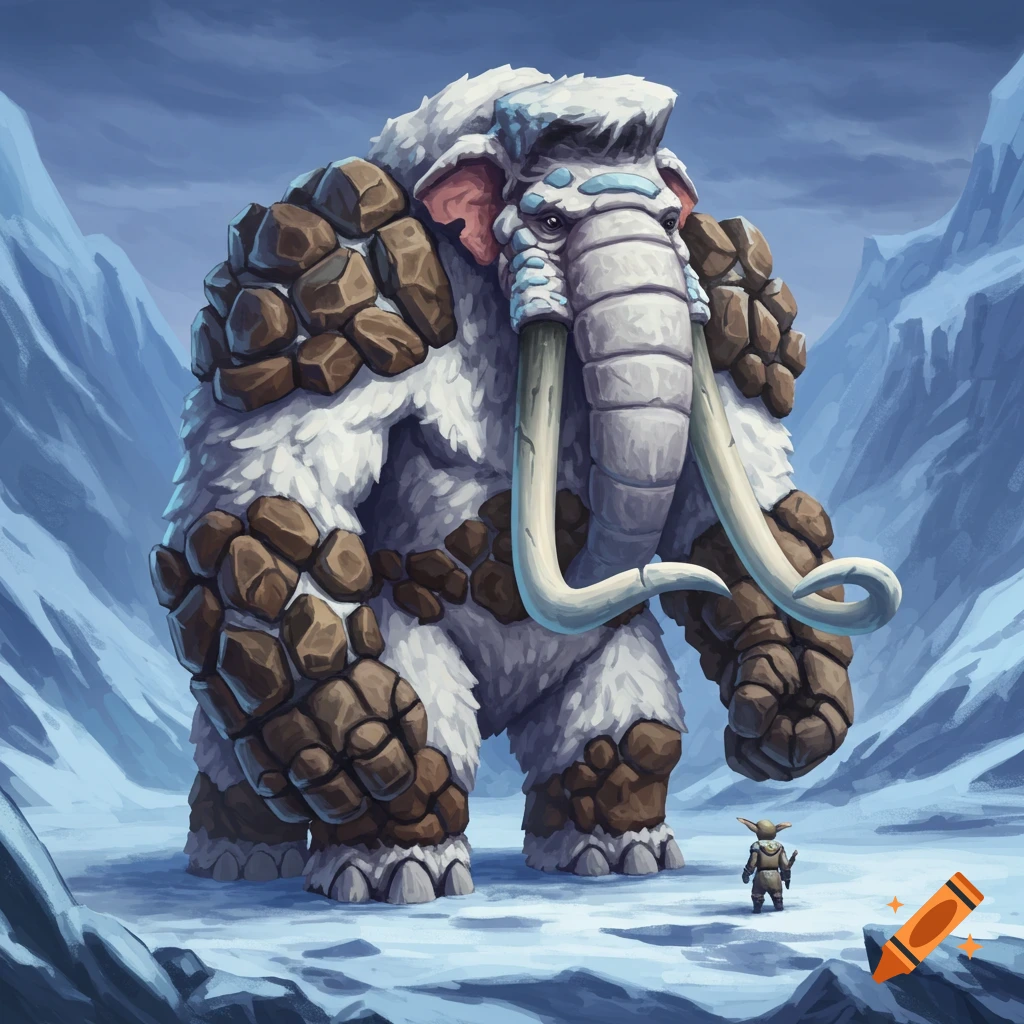 A huge furry, rock-armored mammoth creature stands in an icy landscape, facing a tiny Grogu-like figure. Digital art.