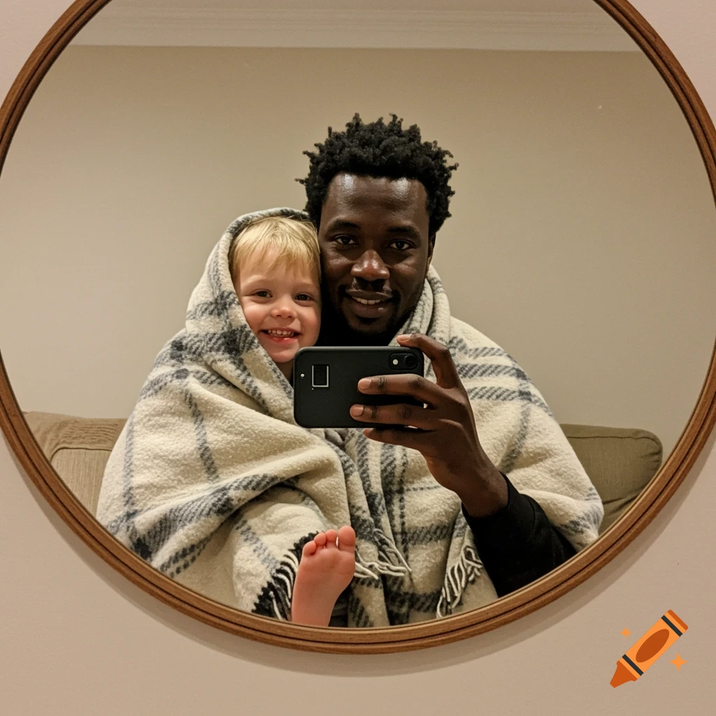 A photorealistic mirror selfie of an African man and his blonde son, both wrapped in a plaid blanket and smiling. The child's bare foot is visible.