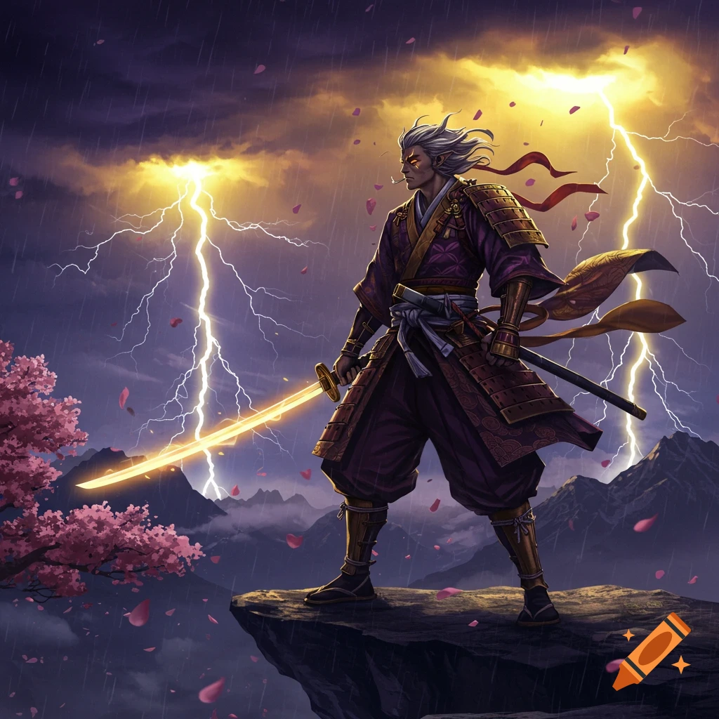 A warrior with a glowing sword stands on a cliff during a lightning storm, with falling pink cherry blossom petals.