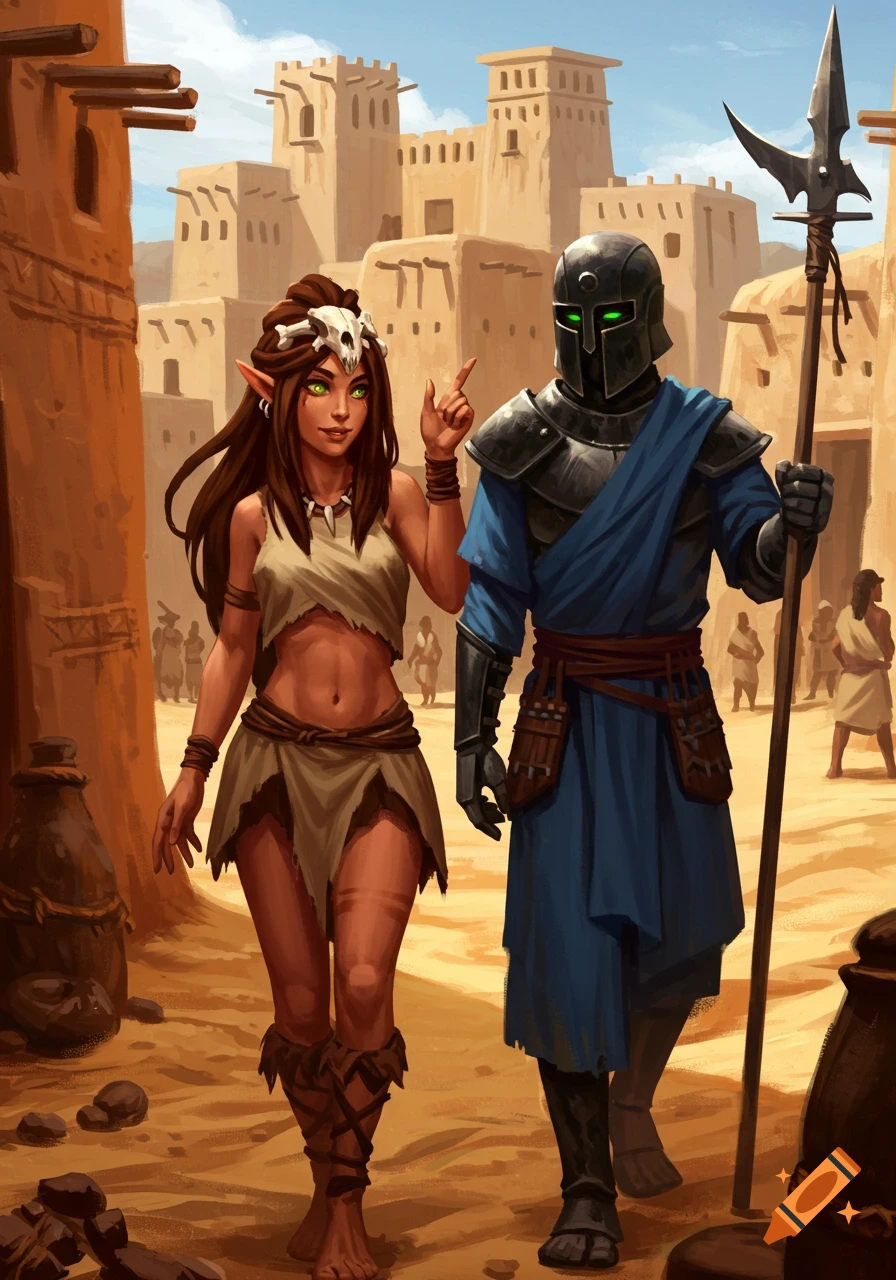 A brown-haired elf woman in a skimpy outfit with a bone circlet points while walking with an armored Templar in a desert city.
