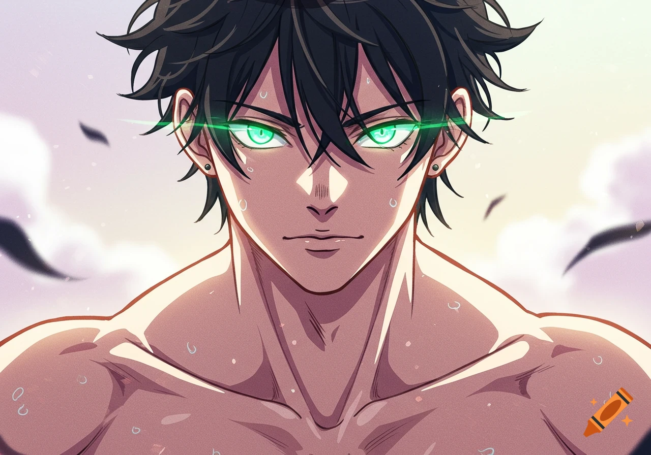 Close-up of a shirtless anime man with glowing green eyes and messy black hair, looking intense.