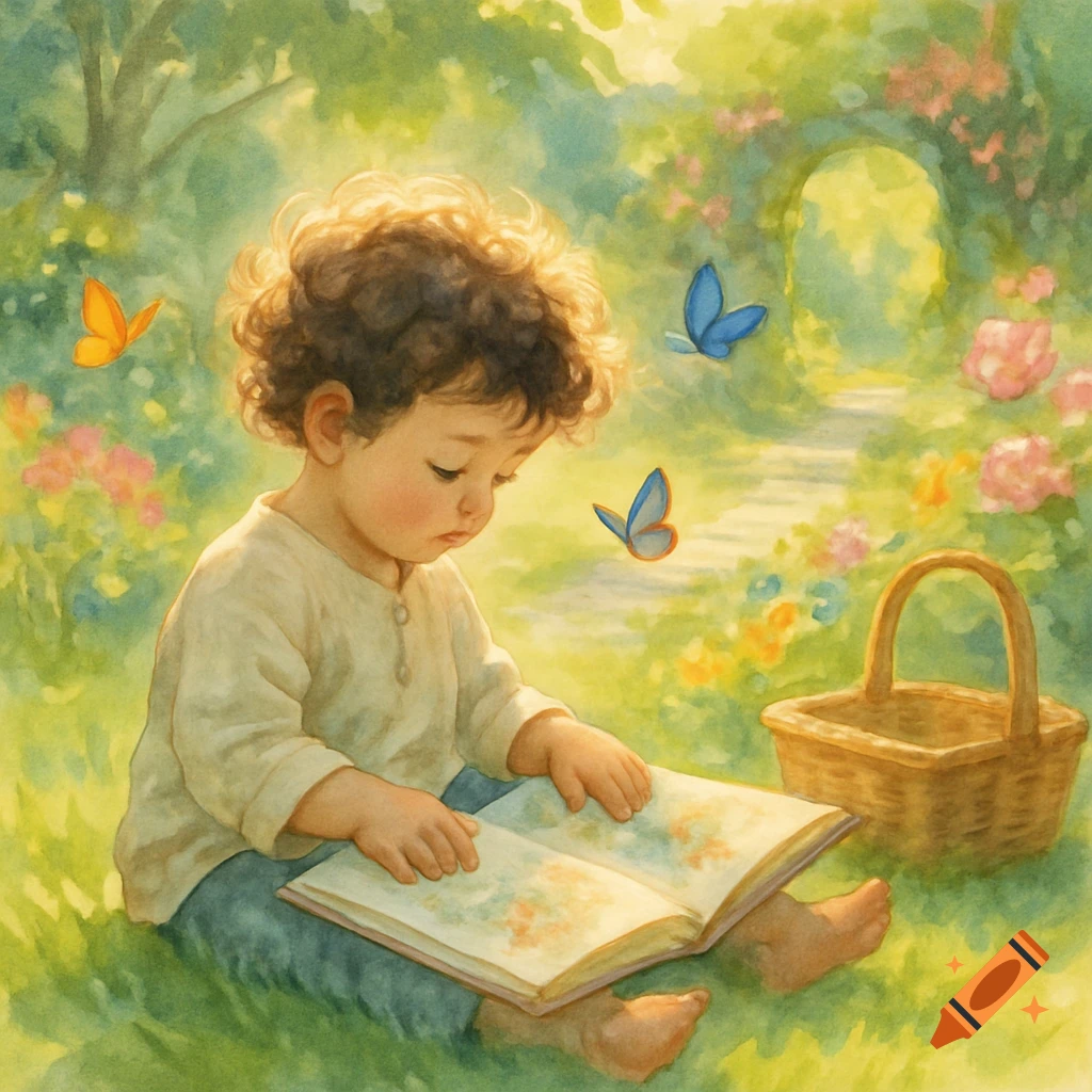 A watercolor painting of a young child with curly hair sitting in a sunny garden, reading a book with butterflies.