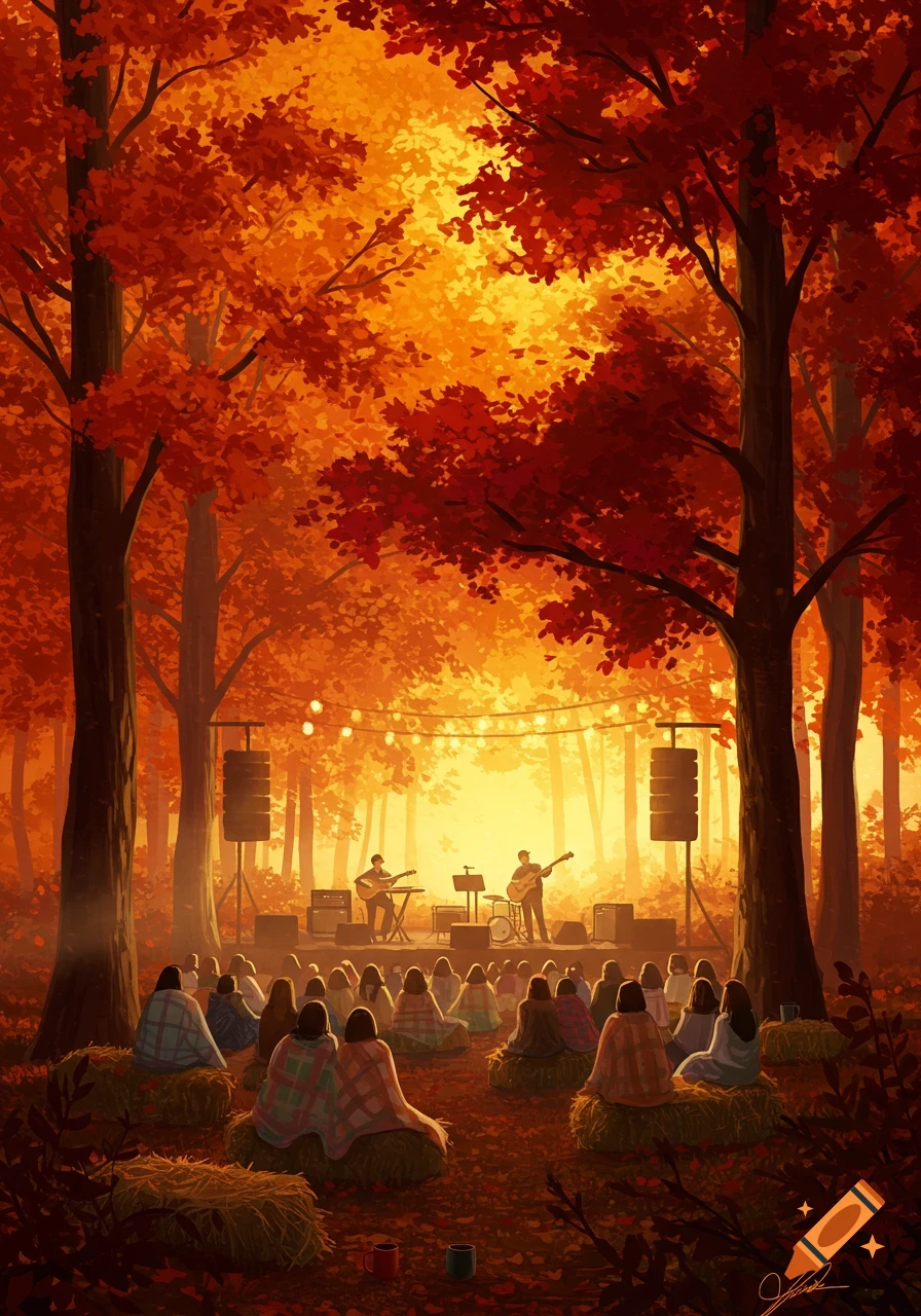 Illustration of an autumn forest concert with musicians on a stage and an audience seated on hay bales under string lights.