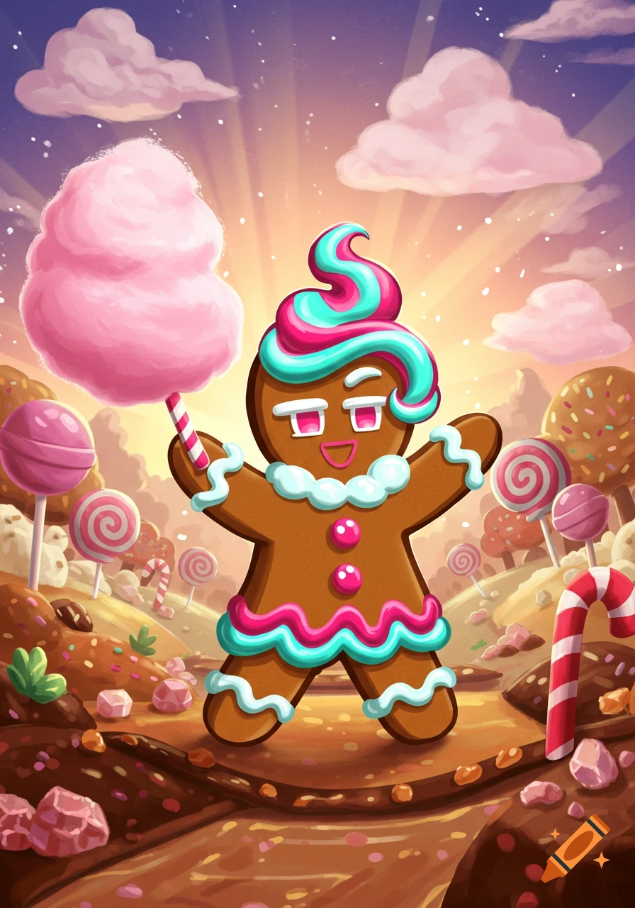 A smiling gingerbread person with colorful frosting holds pink cotton candy in a vibrant candy land under a sunset sky, cartoon illustration.