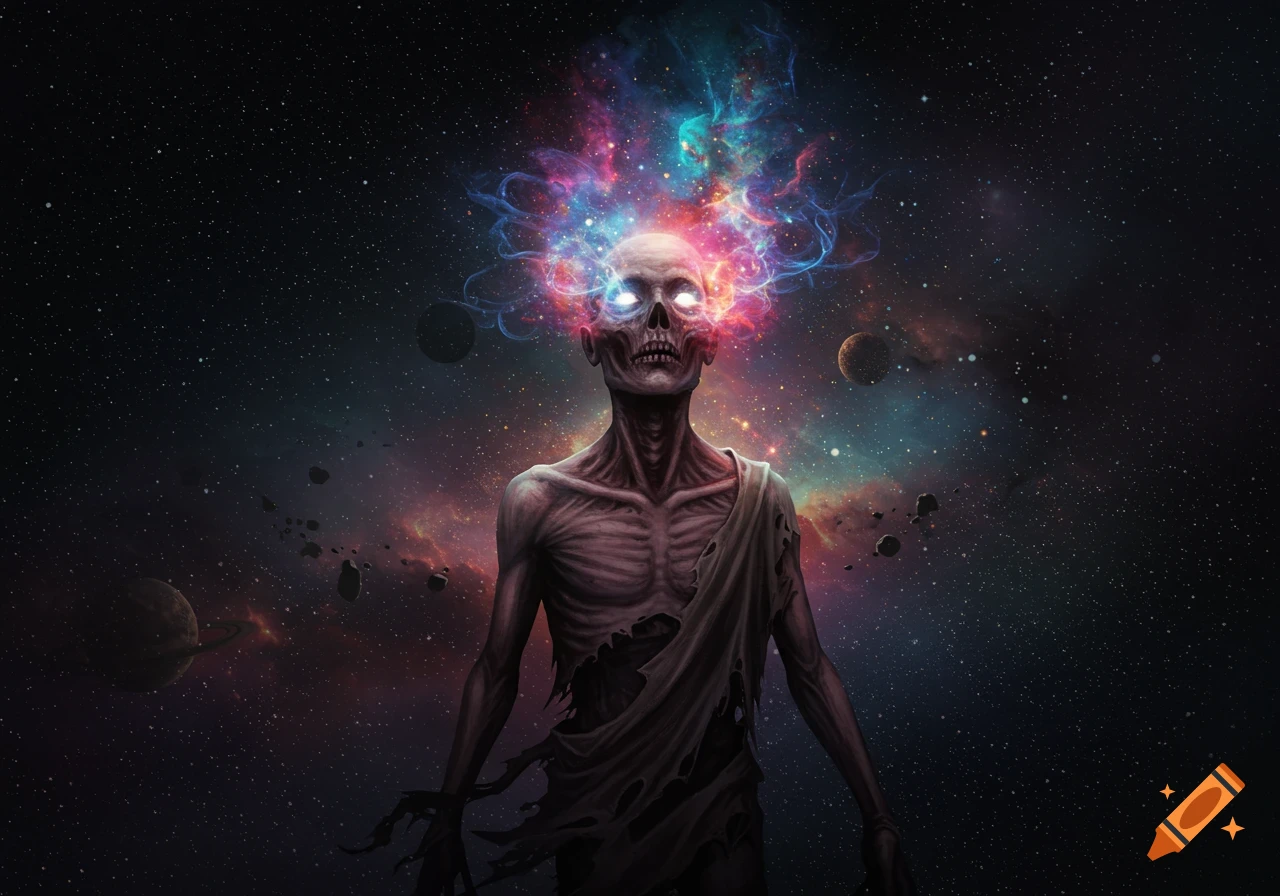 A gaunt, skeletal figure with glowing eyes and colorful cosmic energy emanating from its head floats in a dark space filled with nebulae and planets.