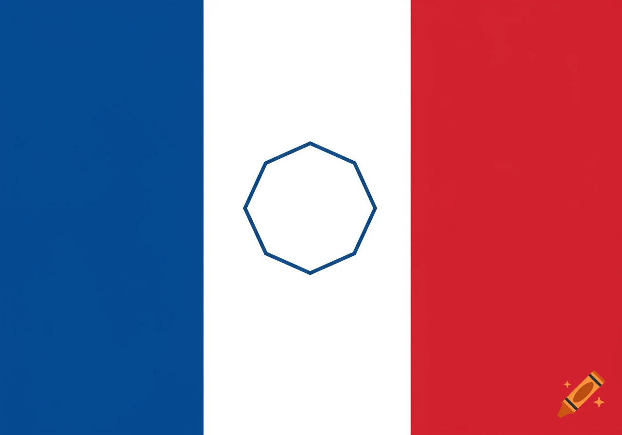 A stylized flag with vertical blue, white, and red stripes. A blue octagonal outline is centered in the white stripe.