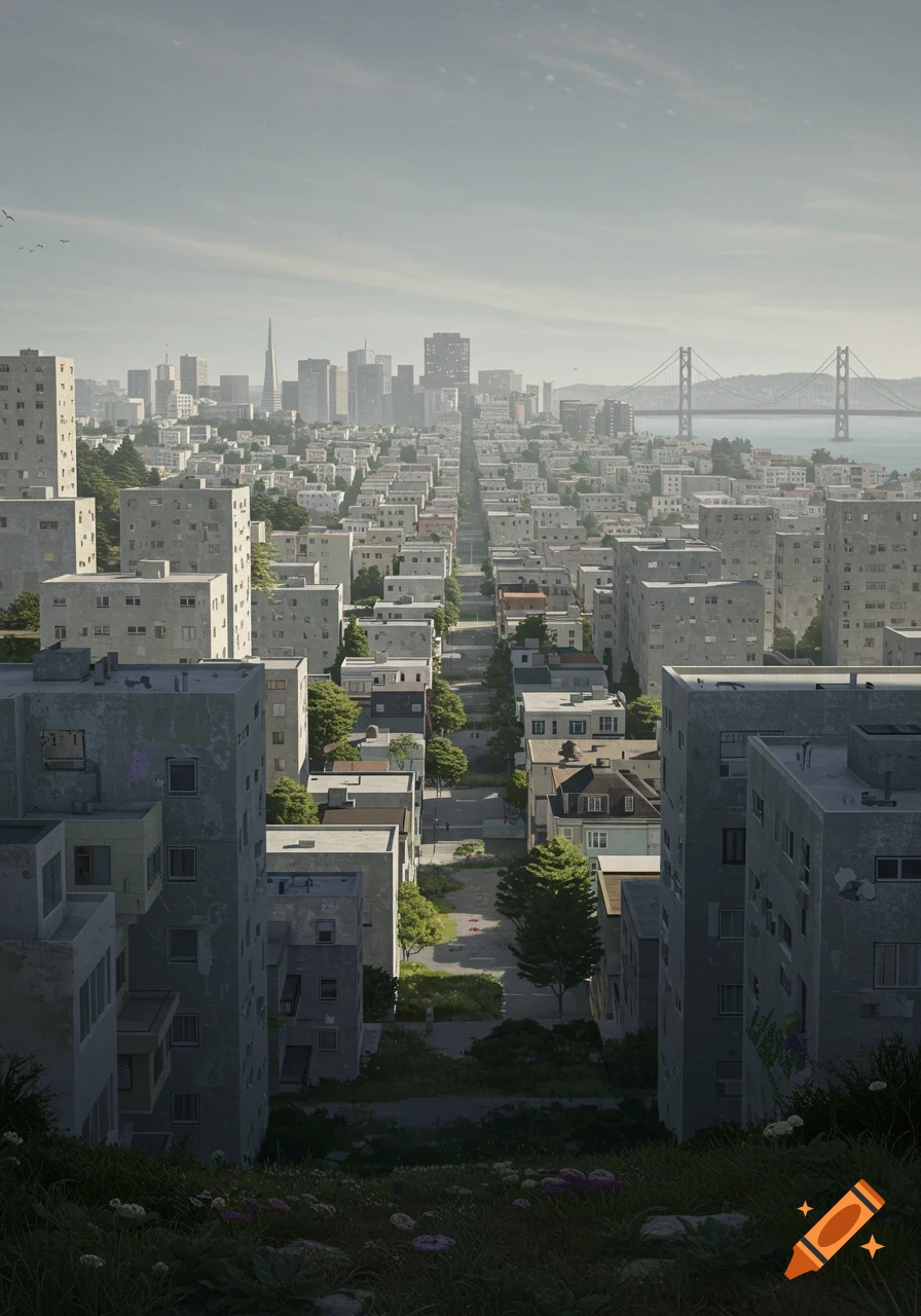 Overhead view of a San Francisco cityscape with streets lined by Soviet-style concrete block buildings, leading to a distant skyline with the Bay Bridge.