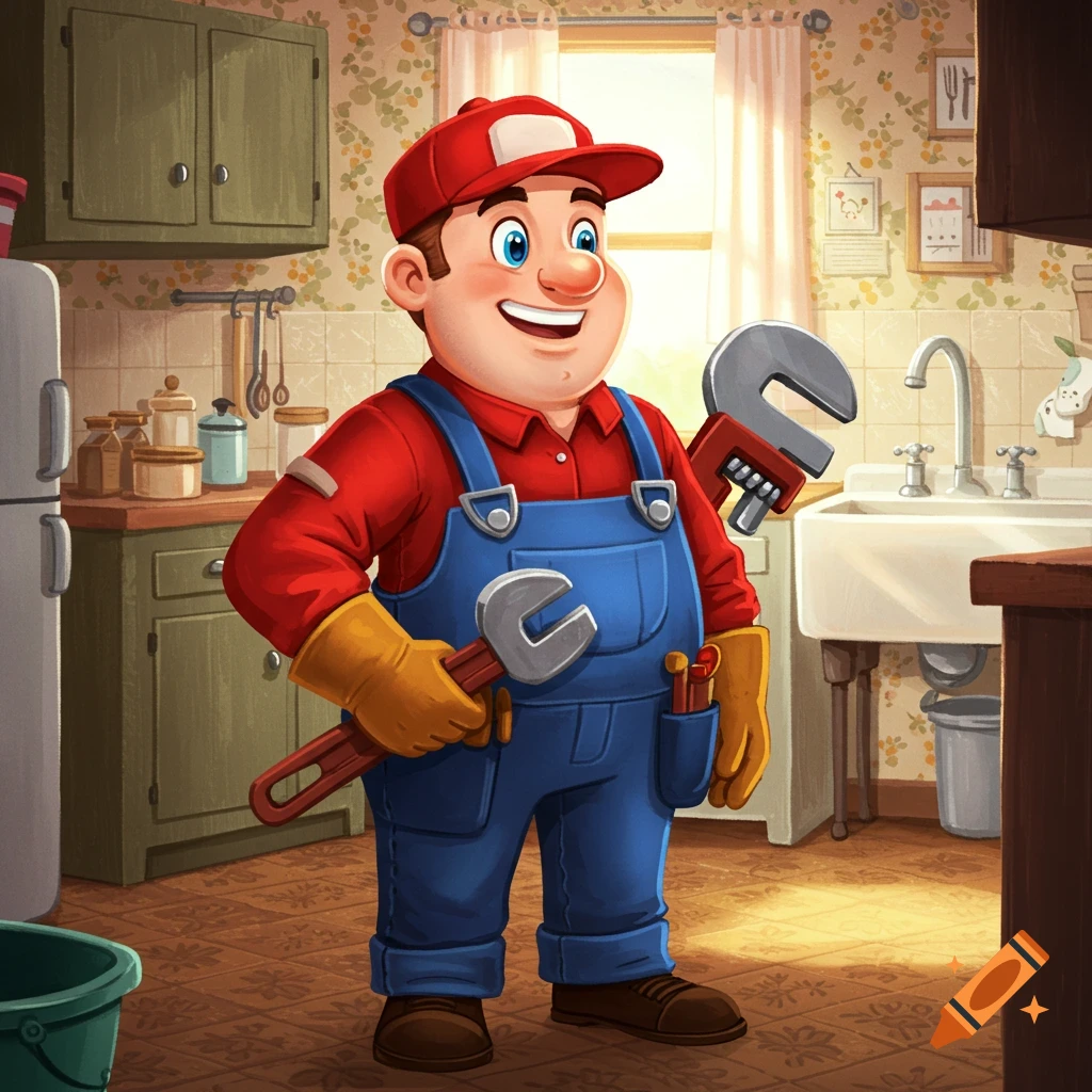 A smiling cartoon plumber in overalls and a red cap stands in a kitchen, holding two large wrenches.