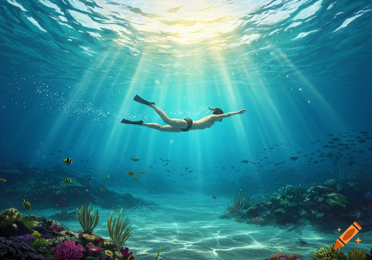 A person wearing flippers swims gracefully underwater, bathed in sun rays, above a vibrant coral reef with fish.