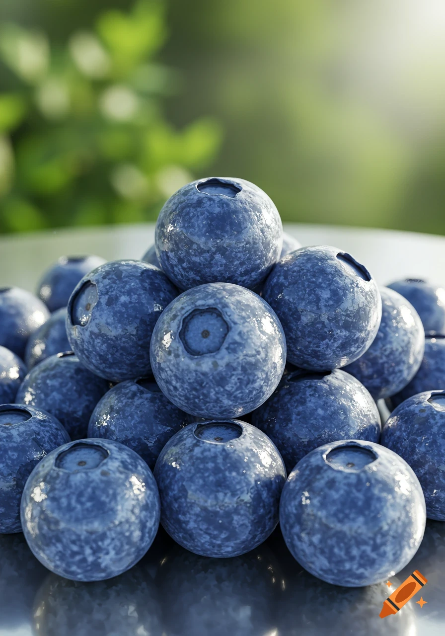 A close-up of a pile of fresh blueberries, glistening with moisture, on a reflective surface with a blurred green background.