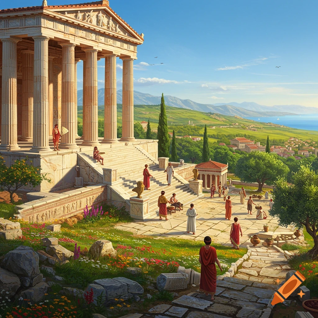A grand ancient Greek temple with people on its steps, overlooking a lush valley, village, and the blue sea under a clear sky.