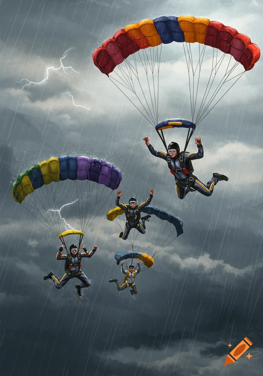 Illustration of multiple skydivers descending with colorful parachutes in a heavy rainstorm with lightning.