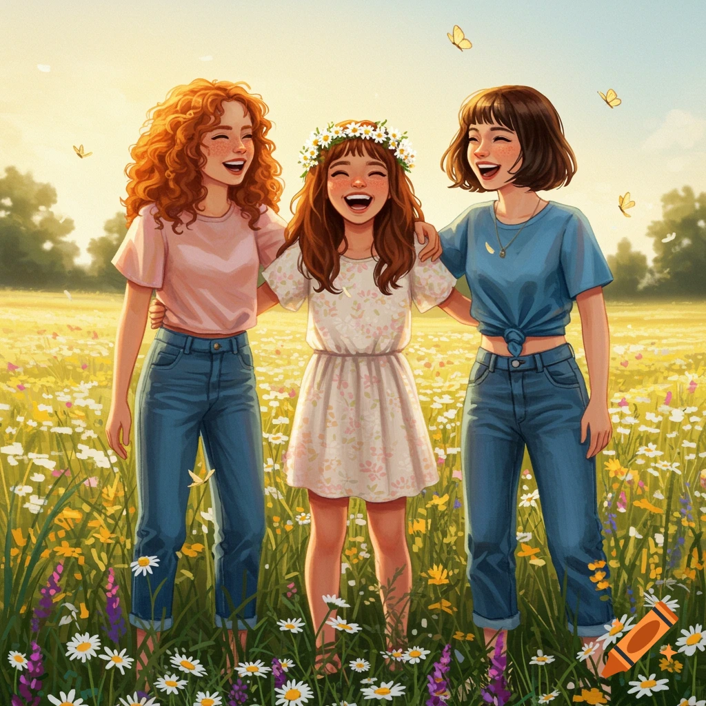 Three laughing girls, one with a flower crown, embrace in a sunny field of daisies and wildflowers. Illustrative.