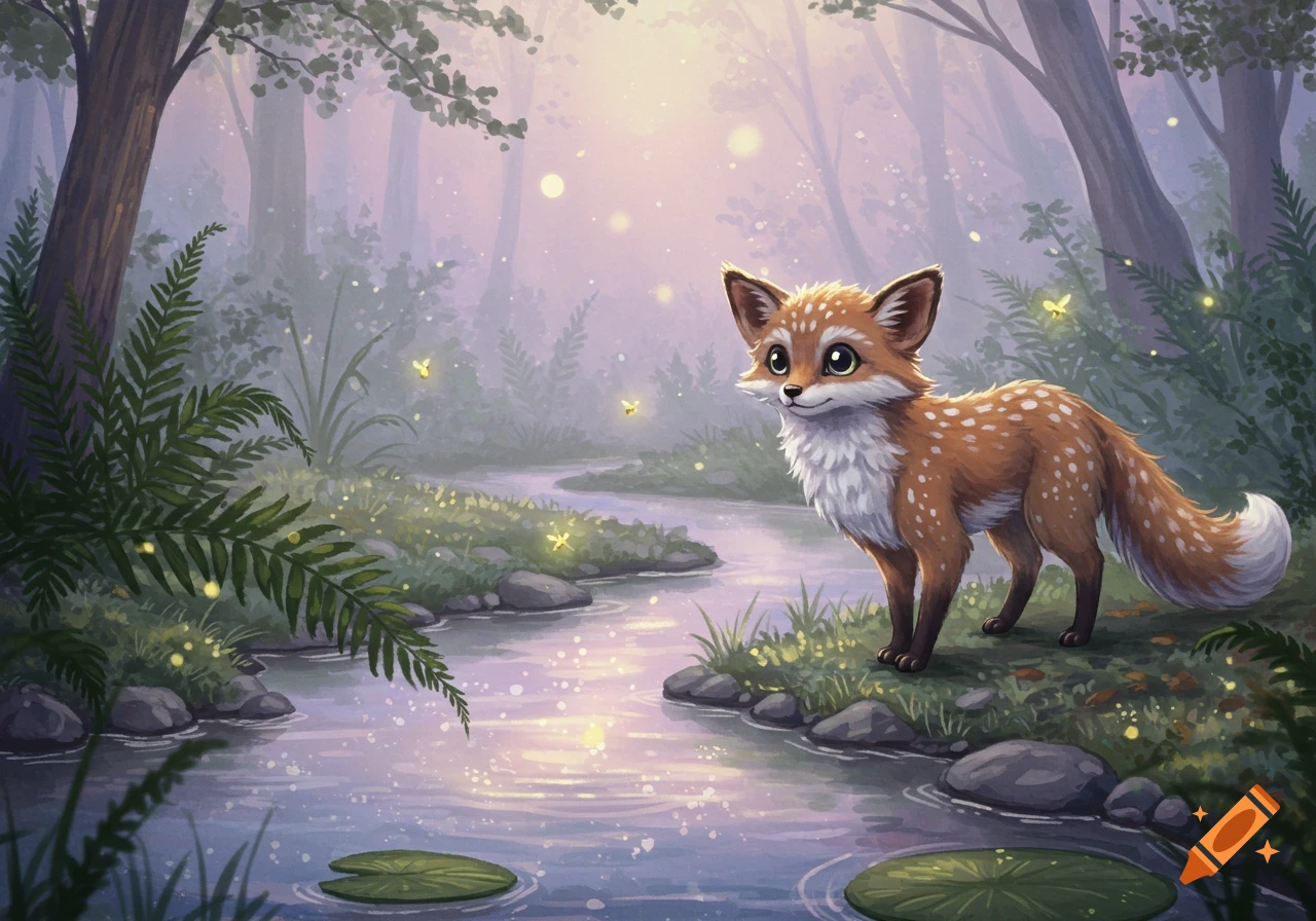 Cute cartoon fox with big eyes stands in an enchanted forest beside a stream with glowing fireflies and lily pads.