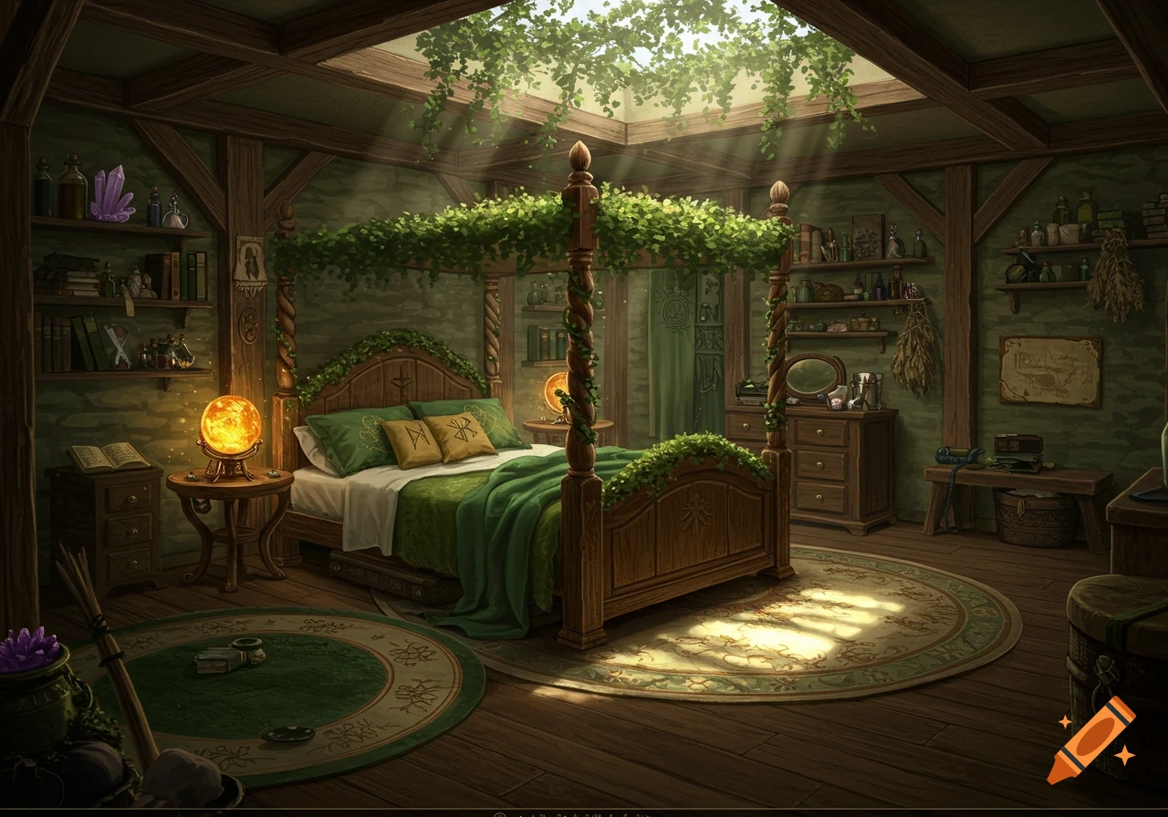 A fantasy bedroom with a vine-covered canopy bed, wooden shelves with potions, a glowing orb, and sunbeams from a skylight.