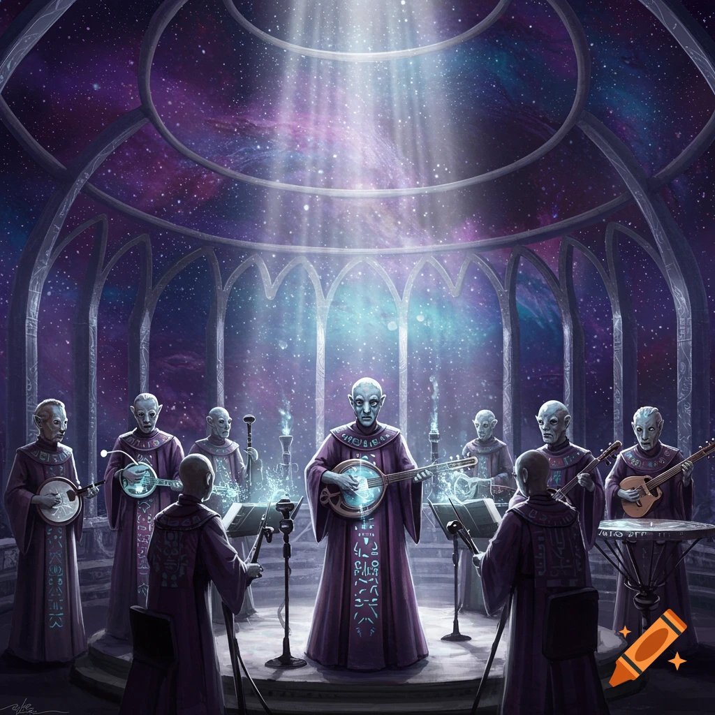 Alien-like beings in robes play glowing instruments in a cosmic temple with starry windows.