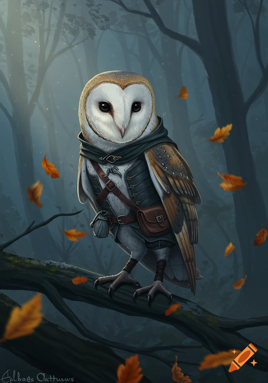 A fantasy barn owl rogue in a dark cloak and leather gear perches on a tree branch in a misty autumn forest with falling leaves.